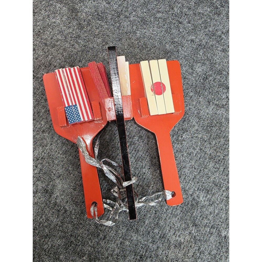 Vintage Wooden Patriotic Clacker Noise Maker Set USA Japan Flags WWII Era Toy